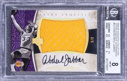 2005-06 UD "Exquisite Collection" Extra Exquisite Autographs #KA Kareem Abdul-Jabbar Signed Game Used Patch Card (#3/5) - BGS NM-MT 8/BGS 10